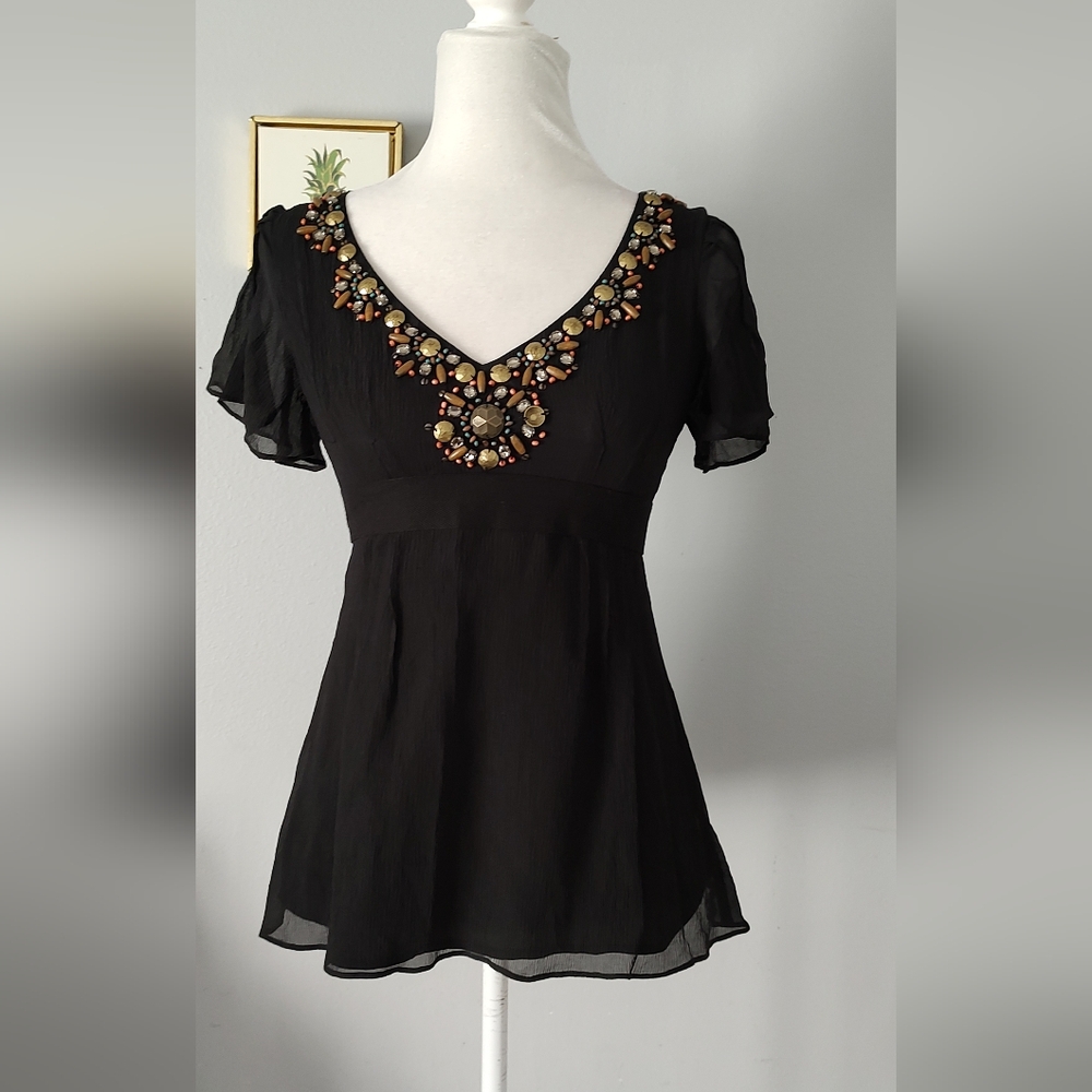 Nanette Lepore top Blouse Black Size 2 Zipper Back Embellished Neck Silk Acetate